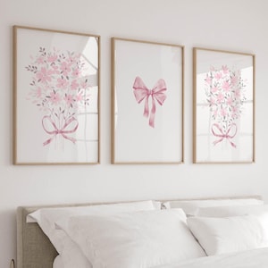 Cute Pink Wall Art for Teen Girls Bedroom Coquette Bow Decor for Little Girls Room Prints Set Of 3 Pastel Flower Wall Decor Girly Artwork