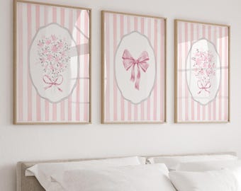 Tienermeisjes slaapkamer muur decor flirt bloemen strik muur prints voor kleine meisjeskamer kunstwerk set van 3 schattige zachtroze girly posters