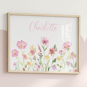 Letrero personalizado con nombre para guardería de niña, póster floral personalizado con nombre, impresión horizontal de flores de acuarela, regalos con nombre personalizado, arte de descarga digital