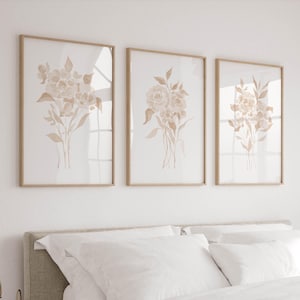 Pastel Beige Floral Bedroom Decor Minimalist Style Wall Art Set of 3 Soft Neutral Flower Prints for Cozy Living Room Art in Warm Cream Color