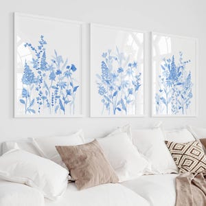 Light Blue Dorm Decor for College Girls Wall Art Coastal Blue and White Watercolor Flower Prints for Bedroom Wall Decor Above Bed Floral Art
