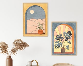 Mid Century Modern Art, Boho Monstera Art, Sun and Moon Print, Abstract Botanical Printable Wall Art, Bedroom Decor