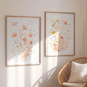 Boho Flowers Girl Room Decor Pastel Wildflower Nursery Wall Prints Set Of 2 Blush Peachy Pink Watercolors Floral Little Girl Bedroom Artwork