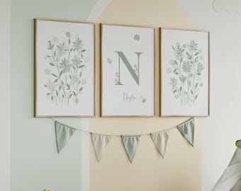 Sage Green Nursery Wall Decor Set of 3 | Custom Flower Letter Name Sign | Minimalist Baby Room Art Prints