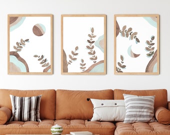 Boho Abstract Wall Art Set, Modern Mid Century Prints, Sun and Moon Wall Art Printable, Minimalist Botanical Prints