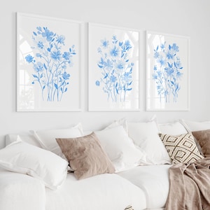 Light Blue Floral Wall Decor Dorm Prints for College Girls Wall Art Set Of 3 Watercolor Flowers Bedroom Art Blue Apartment Decor Digital Art