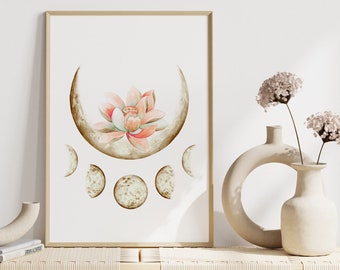 Lotus Flower And Moon Phases Print, Zen Watercolor, Buddhism Wall Art, Boho Yoga Artwork, Meditation Spiritual Poster, Digital Download