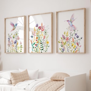 Wildflowers With Hummingbird Watercolor Print Set Of 3, Colorful Floral Wall Art Printable, Girls Bedroom Decor