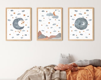 Boho Kids Room Decor, Moon and Stars Nursery Decor, Navy Blue Nursery, Celestial Watercolor