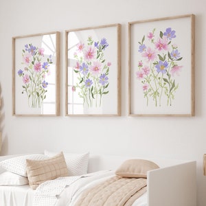 Wildflower Watercolor Print Set Of 3, Pink And Purple Floral Wall Art, Digital Download Art