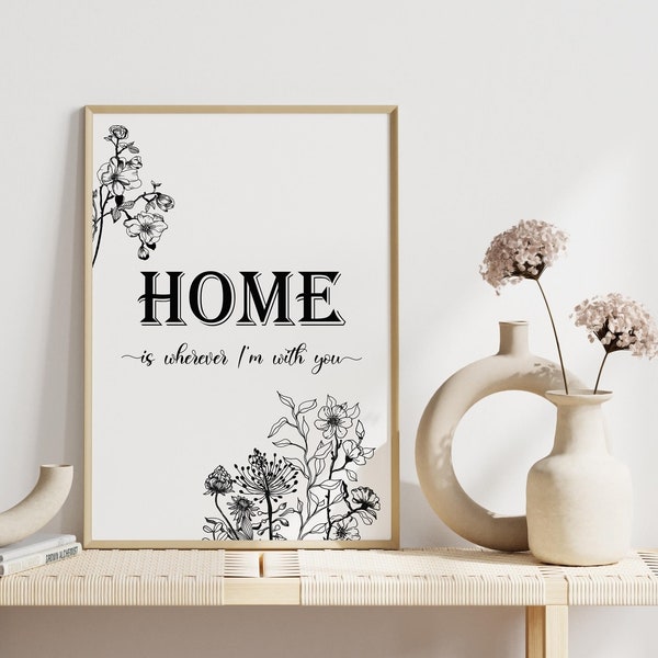 Home Is Wherever I'm With You Print, Farmhouse Botanical Home Sign, Couple Quote Poster, Family Living Room, First Home Housewarming Gift