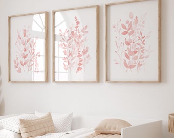 Láminas florales rosas para guardería: Arte mural con flores en acuarela (descarga digital)