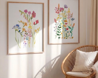 Colorful Flower Watercolor Paintings Wall Art Set Of 2 Bedroom Floral Prints For Girl Nursery Wildflower Decor Bright Art Digital Download