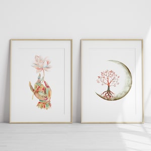 Buddha Hand With Lotus Flower Wall Decor, Moon Tree Of Life Wall Art, Boho Yoga Art Printable