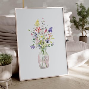 Arte de pared con ramo de flores, impresión de arte botánico, regalos para mamá, flores en jarrón, pintura de acuarela, póster imprimible de flores silvestres, arte de pared digital