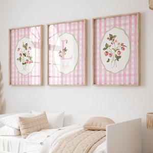 Arte de pared para habitación de bebé niña, decoración de fresas, letrero personalizado con letras para niña sobre la cuna, nombre personalizado para dormitorio infantil, impresiones digitales, juego de 3