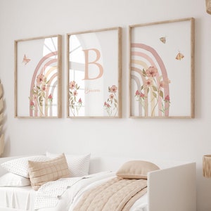 Boho Regenbogen Wand Kunst Set 3 Baby Mädchen Kinderzimmer Drucke Benutzerdefinierte Buchstabe und Name Dekor für Mädchen Schlafzimmer Zeichen Personalisierter digitaler Download