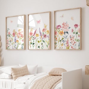 Flores silvestres e borboletas decoração de berçário quarto de bebê meninas conjunto de 3 impressões aquarela floral borboleta arte de parede download digital arte