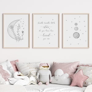 Grey Moon And Stars Nursery Wall Art Set Of 3, Baby Room Quote, Twinkle Twinkle Little Star Do You Know How Loved You Are Printable Art
