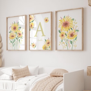 Decoración de guardería con diseño de girasol para niña, letrero con nombre inicial personalizado para bebé, arte de pared imprimible con girasol, juego de 3 impresiones de letras personalizadas, descarga digital