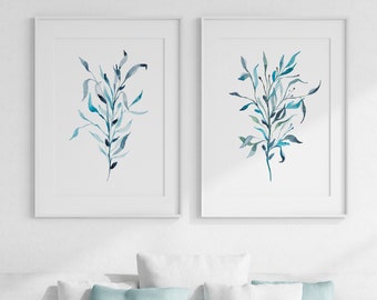 Blue Teal Botanical Prints Set Of 2, Eucalyptus Wall Art, Minimalist Plant Art, Digital Download, Printable Leaves Watercolor Artwork