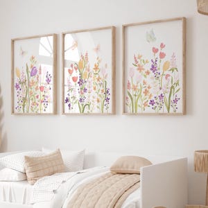 Butterfly Wall Art Nursery Decor for Baby Girls Room Flowers and Butterflies Prints for Toddler Girl Bedroom Art Set of 3 Watercolor Florals