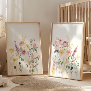 Floral Girl Nursery Wall Art Set Of 2 Wildflower Watercolor Prints Baby Girls Room Decor Colorful Botanical Artwork Kids Bedroom Decoration