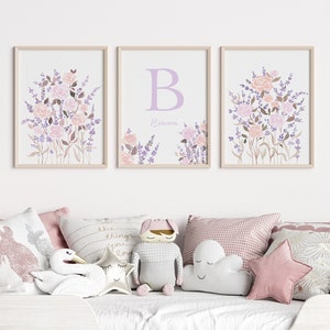 Soft Lavender Floral Nursery Wall Art Set Of 3, Pastel Lilac Baby Girl Prints, Personalized Wildflower Initial And Name Art Set Digital