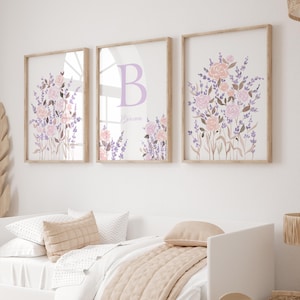 Soft Lavender Floral Nursery Wall Art Set Of 3 Pastel Pink And Lilac Baby Girl Prints Personalized Wildflower Initial And Name Art Digital