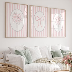 Juego de 3 impresiones de rayas florales en color rosa pastel para decoración de habitación de mujer, arte digital Grandmillenial