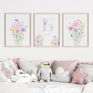 Carta de flores silvestres y nombre vivero pared arte conjunto de 3, impresiones de la habitación de la niña, vivero de acuarela floral, descarga digital