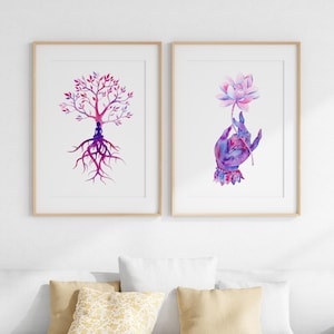 Tree Of Life Printable Wall Art, Lotus Flower Watercolor, Purple Art Set Of 2 Downloadable, Yoga Room Poster, Buddha Hand Meditation Art