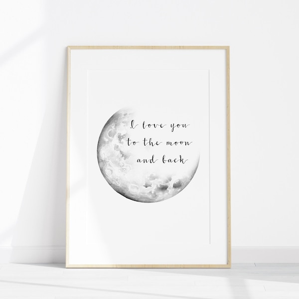 Minimalistisches Spruch Wandbild, I Love You To the Moon and Back Poster, Digitaler Download Kunst, Liebe Zitat druckbar
