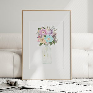 Cartel de ramo de flores de colores, impresión floral de acuarela, flores silvestres rosas y azules en jarrón, arte de pared, descarga digital de obras de arte