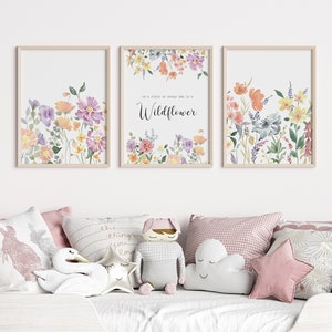Wildflower Quote Wall Art Set Of 3, Floral Baby Girl Room Prints, In A Field Of Roses She Is A Wildflower Nursery, Digital Download
