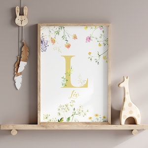 Cartel personalizado con el nombre del bebé, Impresión de letras de flores de acuarela, Cartel de guardería, Regalo personalizado, Descarga digital, Arte de pared inicial botánico