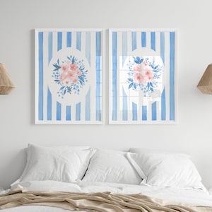 Blue And Pink Floral Prints Dorm Wall Art Set Of 2 College Girl&#39;s Bedroom Decor Cute Pink Blue Striped Art Flower Aesthetic Posters Digital