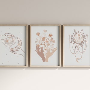 Wand Kunst 3er Set Boho Himmelsdrucke, Boho Poster, Sonne und Mond Dekor, mystische magische Hände, digitaler Download
