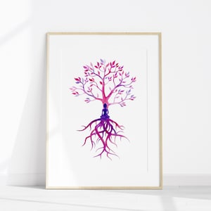 Purple Tree Of Life Poster, Printable Yoga Watercolor, Meditation Room Art, Buddha Wall Art, Spiritual Art Digital Download