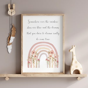 Póster de arcoíris bohemio con cita, impresión Somewhere Over The Rainbow, descarga digital, arte de pared para habitación de niños