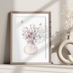 Cartel de ramo de flores neutrales tono tierra Boho regalo idea imprimible Boho flores silvestres en jarrón acuarela impresión digital descargar arte floral