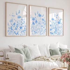 Set of 3 Light Blue Wall Art for Dorm Room Cute Floral Prints for Teen Girls Bedroom Wall Decor Blue and White Flowers for College Apartment