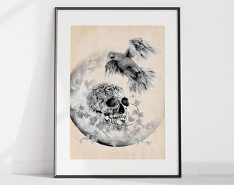 Halloween Decorations Printable, Raven With Skull Artwork Poster, Mystical Gothic Illustration, Black Crow Vintage, Antique Gothic Decor