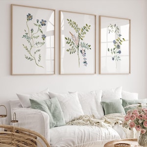 Navy Blue And Green Botanical Prints Vintage Floral Wall Art Set Of 3 Watercolor Flower Posters Farmhouse Living Room Art Digital Download
