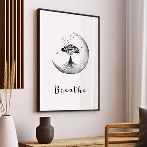 Respira Poster Mindfulness Stampa Arte murale rilassante Albero della vita in bianco e nero Opera d'arte Meditazione Citazione Zen Decorazione camera da letto Download digitale