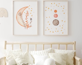 Impresiones de acuarela de luna y estrellas bohemias: Arte celestial para guardería (descarga digital)