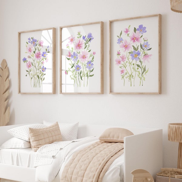 Aquarelprintset met wilde bloemen: roze-paarse bloemsierkunst, slaapkamerdecor meisje (digitale download)