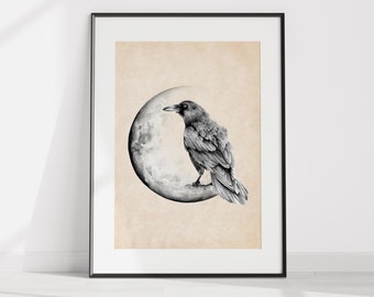 Raven Art Print, Black Crow Vintage Decor, Halloween Printable Art, Gothic Art Poster, Antique Bird Painting, Raven Watercolor Downloadable