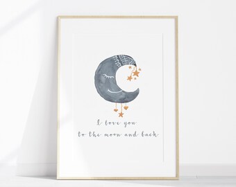 Navy Moon and Stars Watercolor Nursery Print (Digital Download)