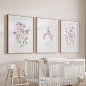 Juego de 3 impresiones de flores silvestres para pared de guardería de niña en color rosa y morado, letras y nombres de bebé personalizados, descarga digital para habitación de niña